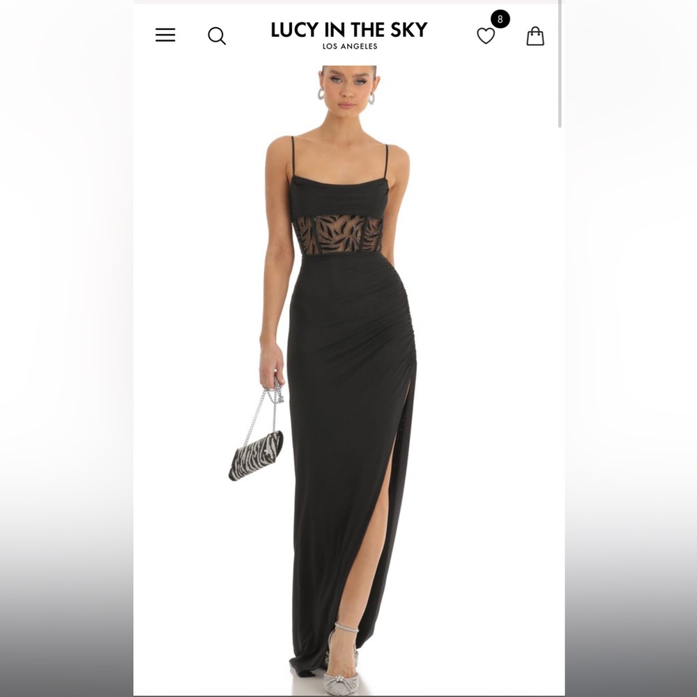 Lucy in the Sky prom/formal dress with sheer cutout and slit